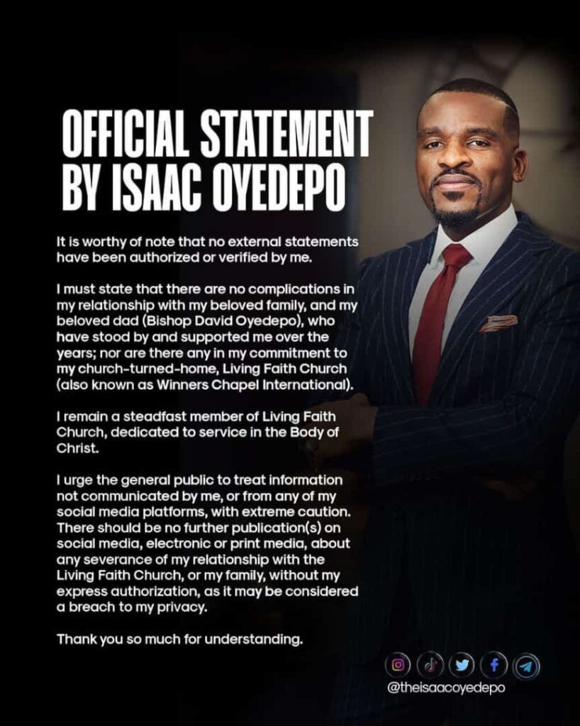 isaac oyedepo statement